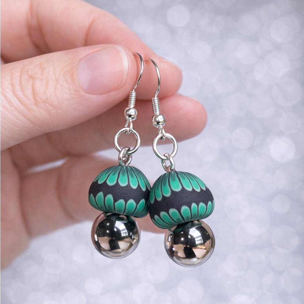 Green and Black Floral Bead Drop Earrings with Silver Spheres